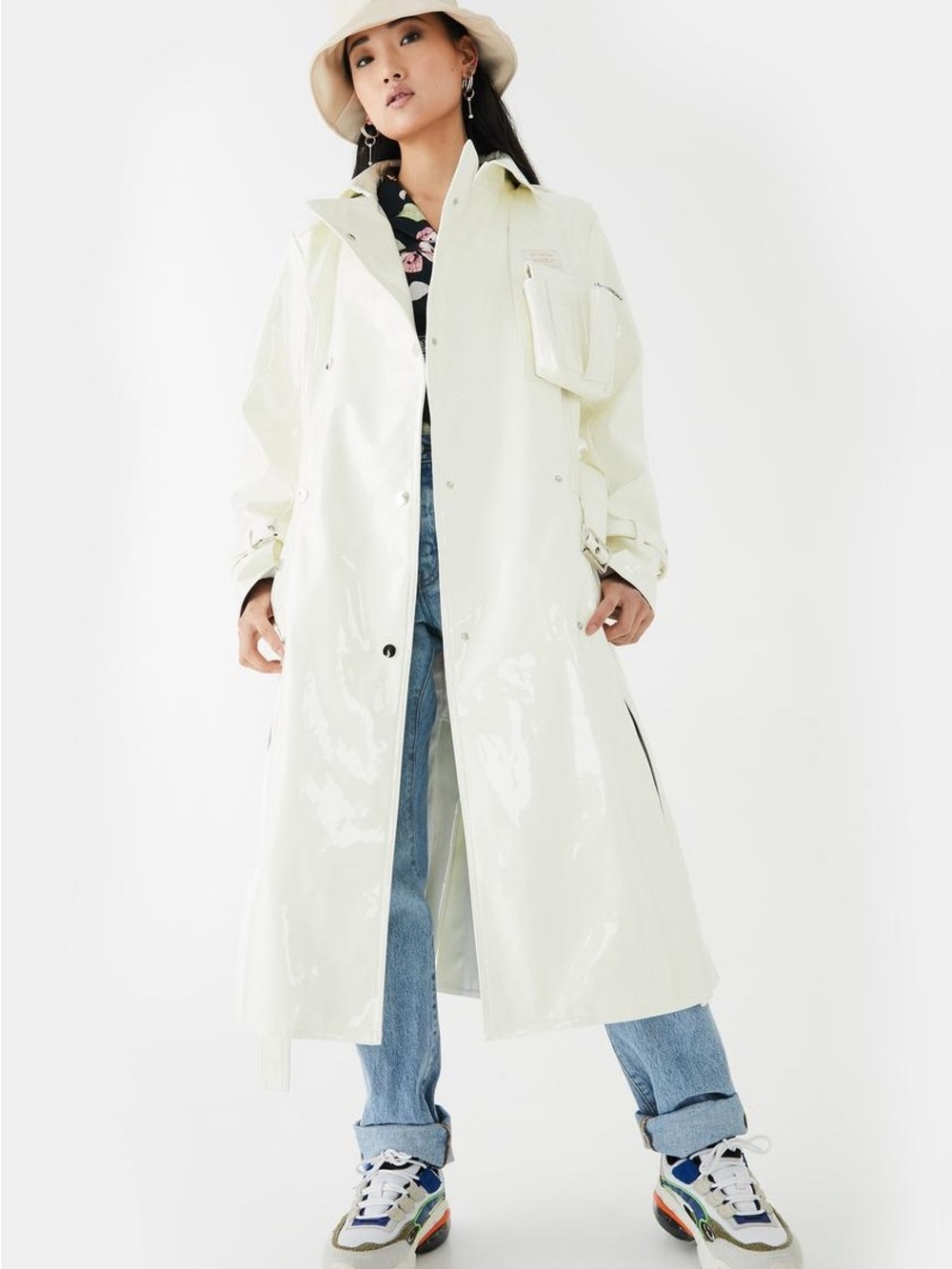 My Mum Made It White Patent Vinyl Trench Coat XS/S Utility Pocket Belted
